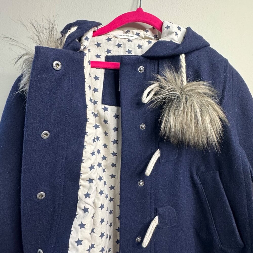 COUNTRY ROAD Wool Hooded Cape Girls 5 Navy Blue Winter Coat Faux Fur Pom Ties - Picture 3 of 12